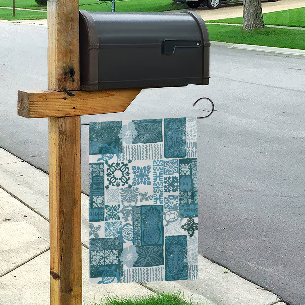 Hawaiian Quilt Garden Flag Tiki Tropical Retro Dark Cyan Version - Wonder Print Shop