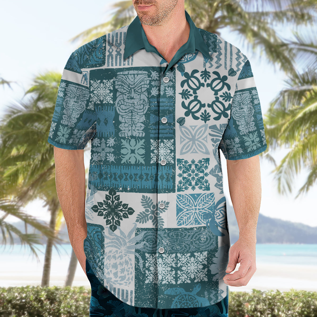 Hawaiian Quilt Hawaiian Shirt Tiki Tropical Retro Dark Cyan Version - Wonder Print Shop