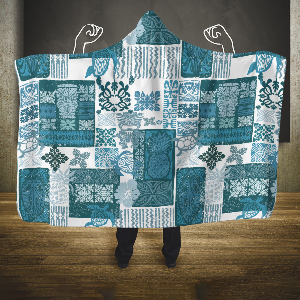 hawaiian-quilt-hooded-blanket-tiki-tropical-retro-dark-cyan-version