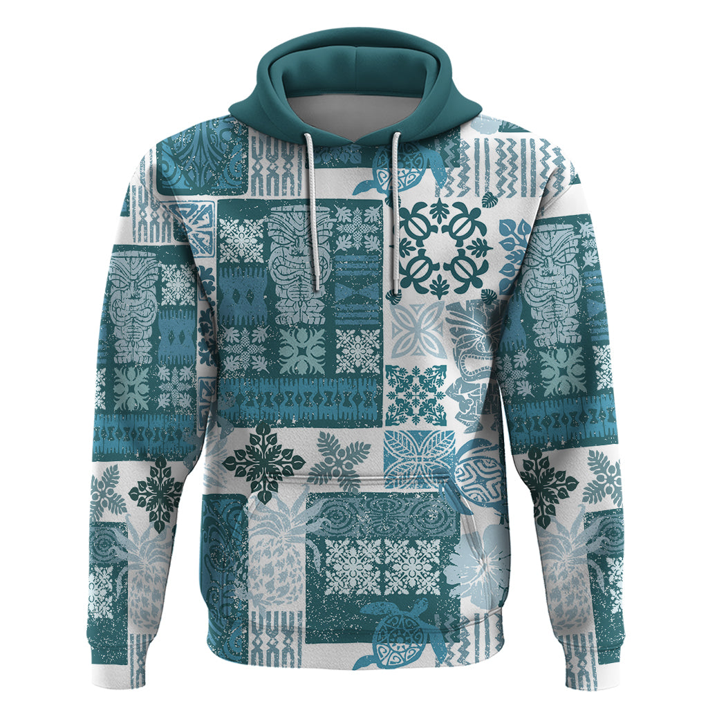 Hawaiian Quilt Hoodie Tiki Tropical Retro Dark Cyan Version - Wonder Print Shop