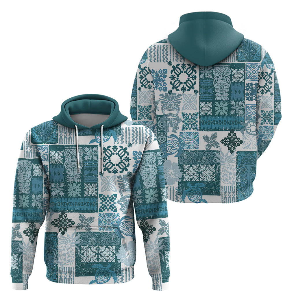 Hawaiian Quilt Hoodie Tiki Tropical Retro Dark Cyan Version - Wonder Print Shop