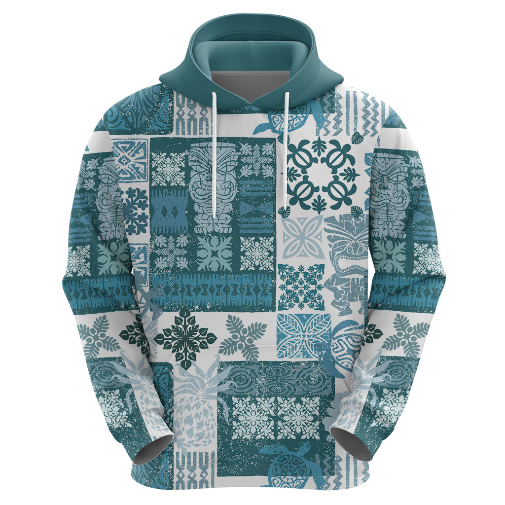 Hawaiian Quilt Hoodie Tiki Tropical Retro Dark Cyan Version - Wonder Print Shop