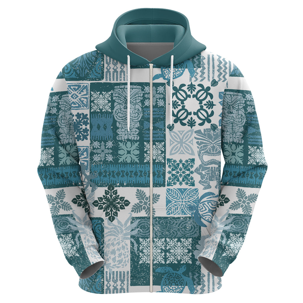 Hawaiian Quilt Hoodie Tiki Tropical Retro Dark Cyan Version - Wonder Print Shop