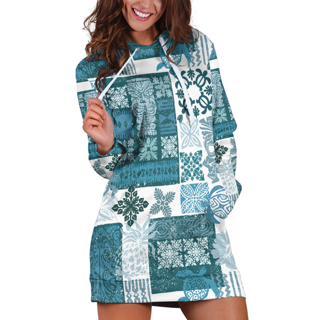 Hawaiian Quilt Hoodie Dress Tiki Tropical Retro Dark Cyan Version - Wonder Print Shop