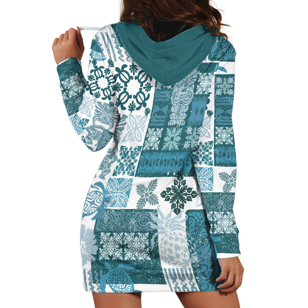 Hawaiian Quilt Hoodie Dress Tiki Tropical Retro Dark Cyan Version - Wonder Print Shop