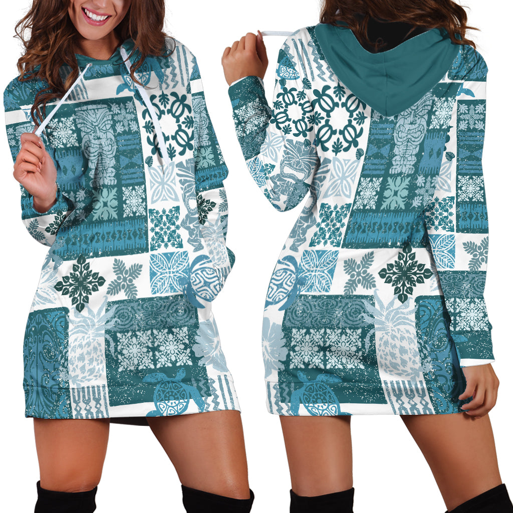 Hawaiian Quilt Hoodie Dress Tiki Tropical Retro Dark Cyan Version - Wonder Print Shop
