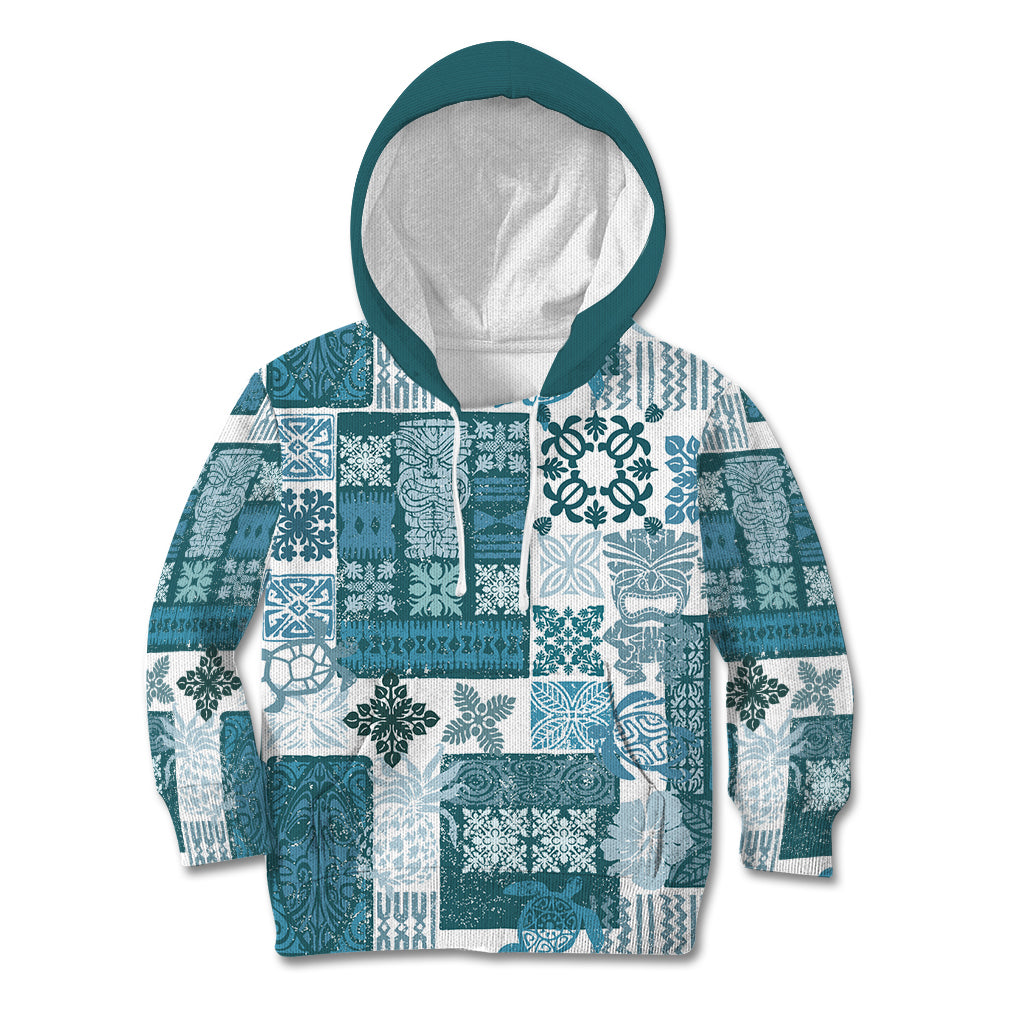 Hawaiian Quilt Kid Hoodie Tiki Tropical Retro Dark Cyan Version - Wonder Print Shop
