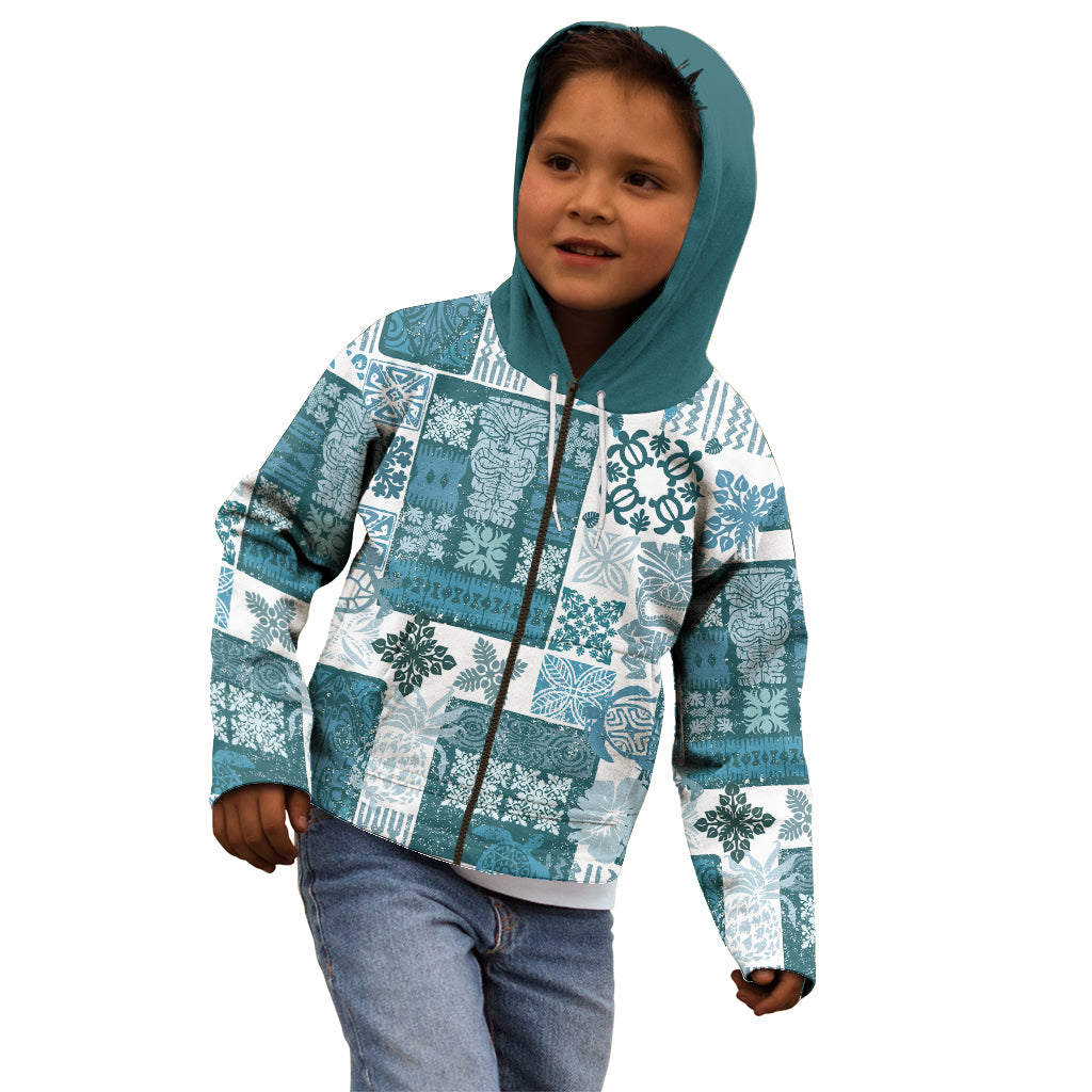 Hawaiian Quilt Kid Hoodie Tiki Tropical Retro Dark Cyan Version - Wonder Print Shop
