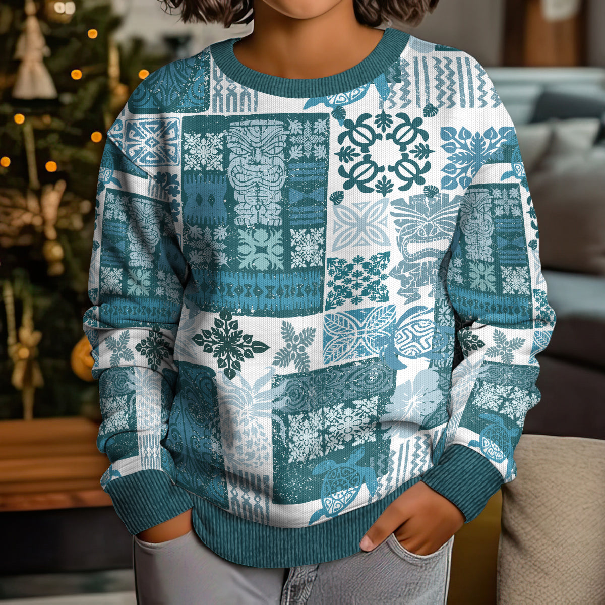Hawaiian Quilt Kid Ugly Christmas Sweater Tiki Tropical Retro Dark Cyan Version - Wonder Print Shop