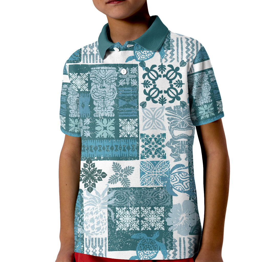Hawaiian Quilt Kid Polo Shirt Tiki Tropical Retro Dark Cyan Version - Wonder Print Shop