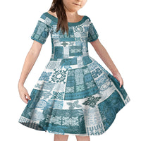 Hawaiian Quilt Kid Short Sleeve Dress Tiki Tropical Retro Dark Cyan Version - Wonder Print Shop