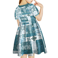 Hawaiian Quilt Kid Short Sleeve Dress Tiki Tropical Retro Dark Cyan Version - Wonder Print Shop
