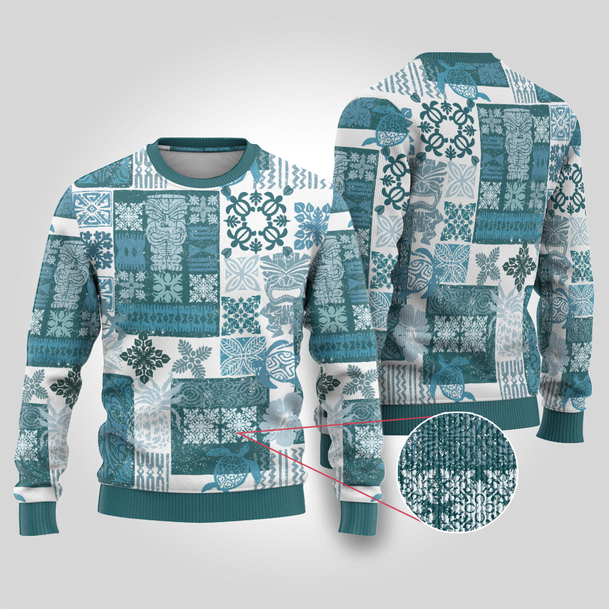 Hawaiian Quilt Ugly Christmas Sweater Tiki Tropical Retro Dark Cyan Version - Wonder Print Shop