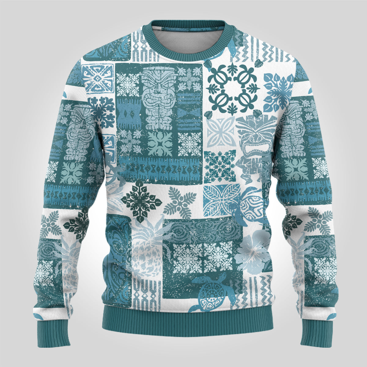 Hawaiian Quilt Ugly Christmas Sweater Tiki Tropical Retro Dark Cyan Version - Wonder Print Shop
