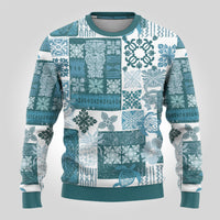 Hawaiian Quilt Ugly Christmas Sweater Tiki Tropical Retro Dark Cyan Version - Wonder Print Shop