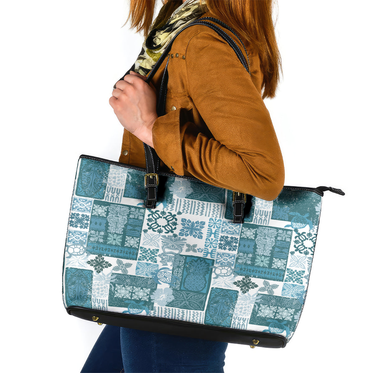 Hawaiian Quilt Leather Tote Bag Tiki Tropical Retro Dark Cyan Version - Wonder Print Shop