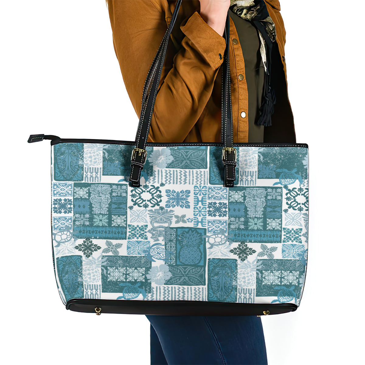 Hawaiian Quilt Leather Tote Bag Tiki Tropical Retro Dark Cyan Version - Wonder Print Shop