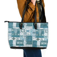 Hawaiian Quilt Leather Tote Bag Tiki Tropical Retro Dark Cyan Version - Wonder Print Shop