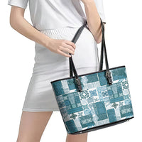 Hawaiian Quilt Leather Tote Bag Tiki Tropical Retro Dark Cyan Version - Wonder Print Shop