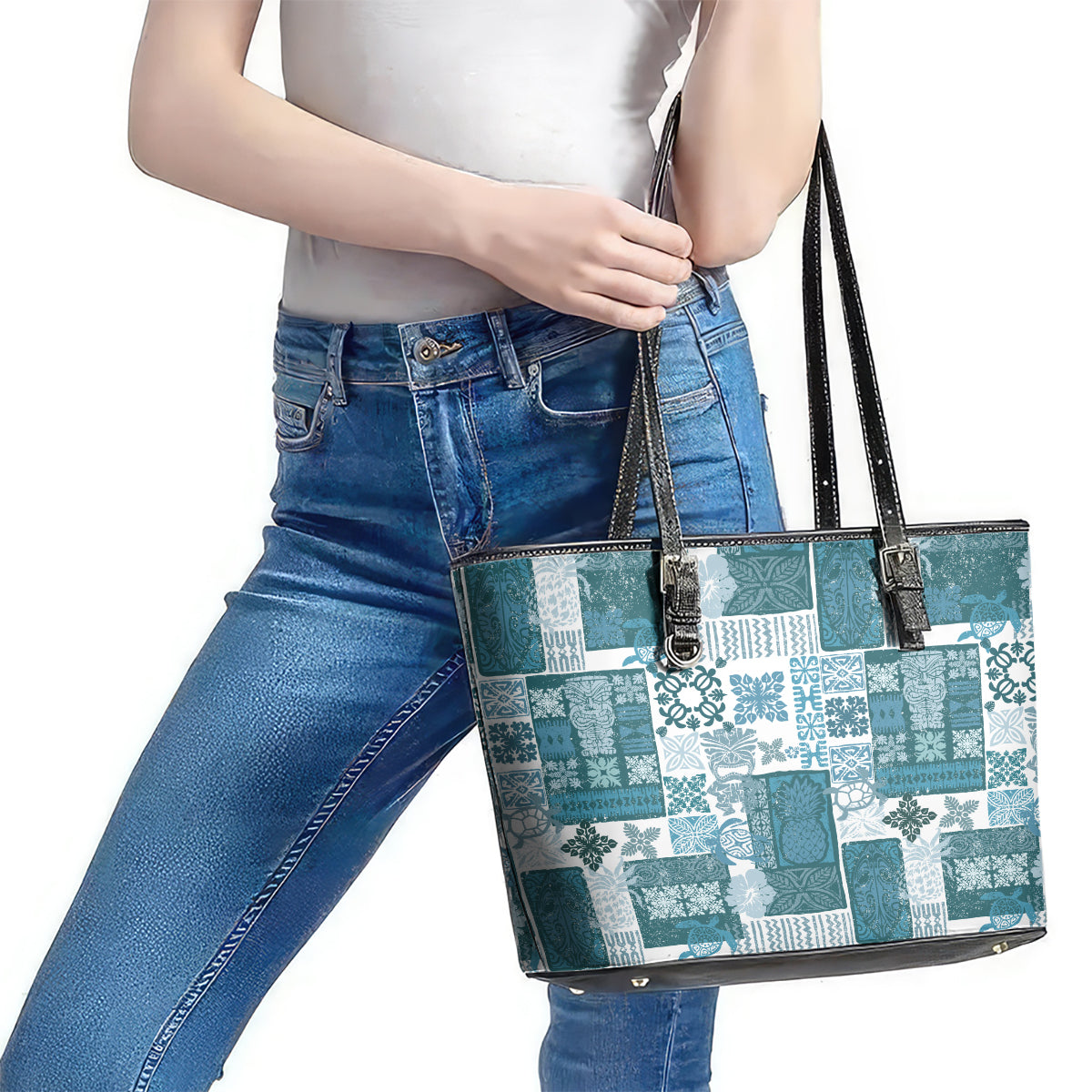 Hawaiian Quilt Leather Tote Bag Tiki Tropical Retro Dark Cyan Version - Wonder Print Shop