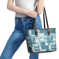 Hawaiian Quilt Leather Tote Bag Tiki Tropical Retro Dark Cyan Version - Wonder Print Shop