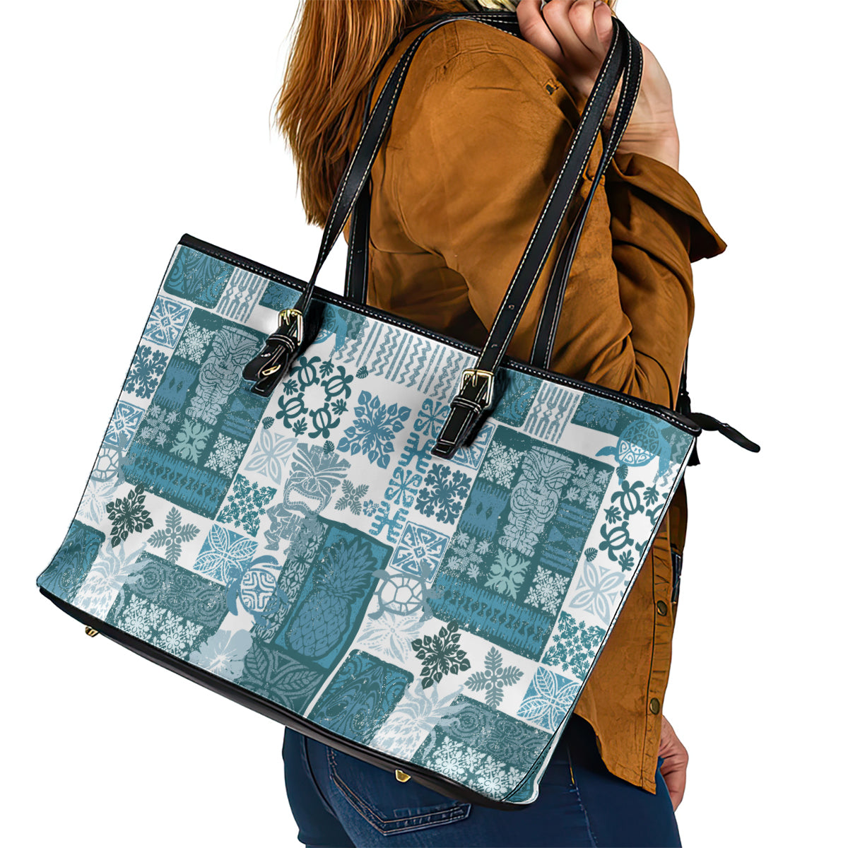 Hawaiian Quilt Leather Tote Bag Tiki Tropical Retro Dark Cyan Version - Wonder Print Shop