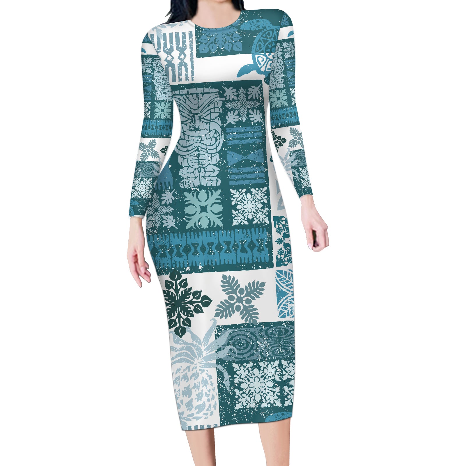 Hawaiian Quilt Long Sleeve Bodycon Dress Tiki Tropical Retro Dark Cyan Version - Wonder Print Shop