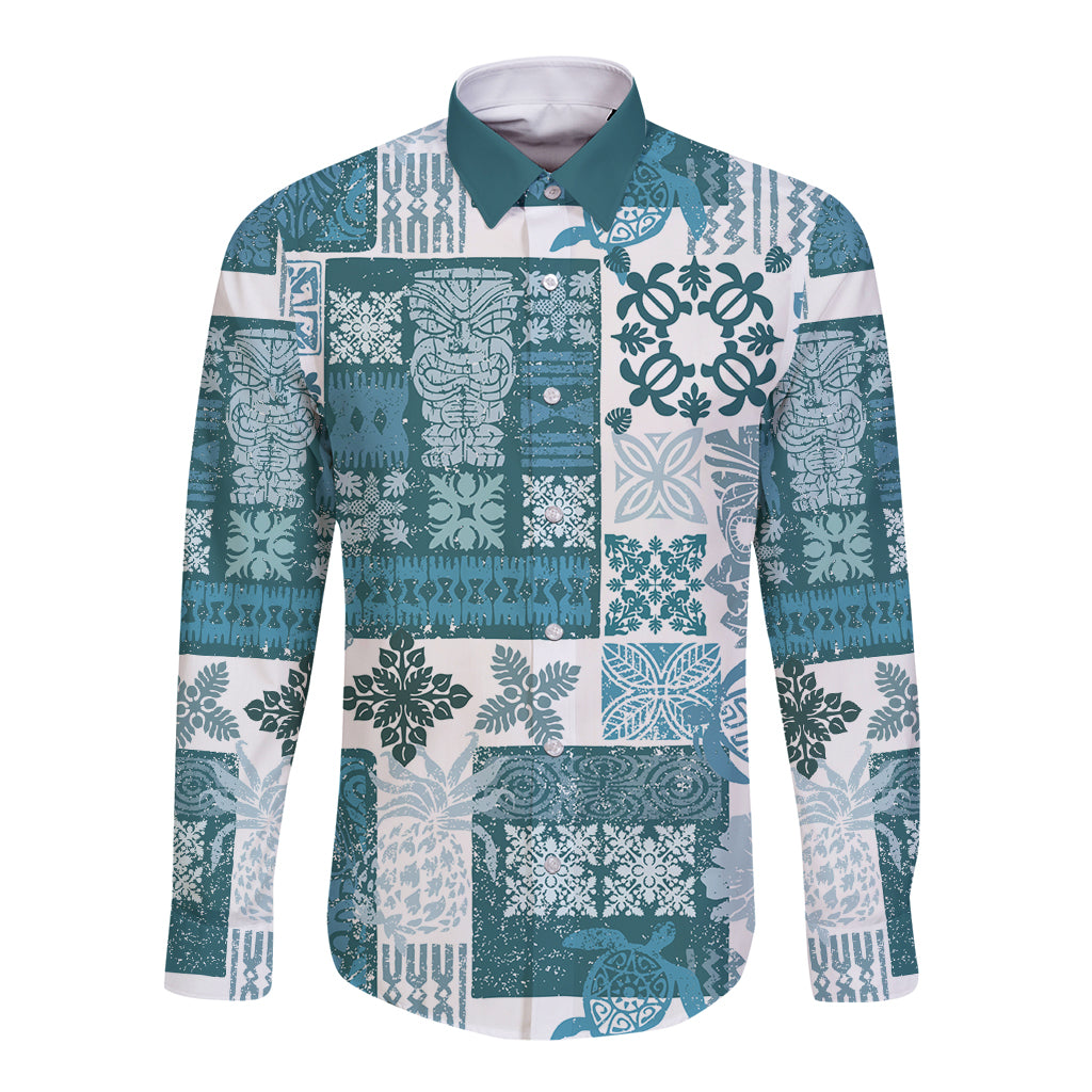 Hawaiian Quilt Long Sleeve Button Shirt Tiki Tropical Retro Dark Cyan Version - Wonder Print Shop