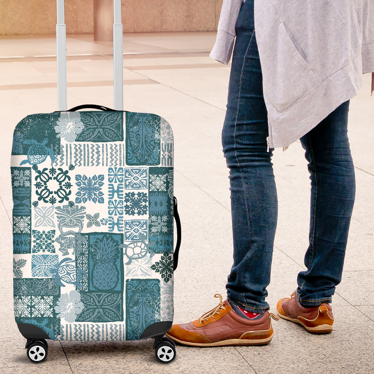 Hawaiian Quilt Luggage Cover Tiki Tropical Retro Dark Cyan Version - Wonder Print Shop