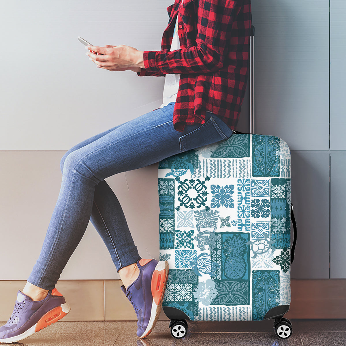 Hawaiian Quilt Luggage Cover Tiki Tropical Retro Dark Cyan Version - Wonder Print Shop