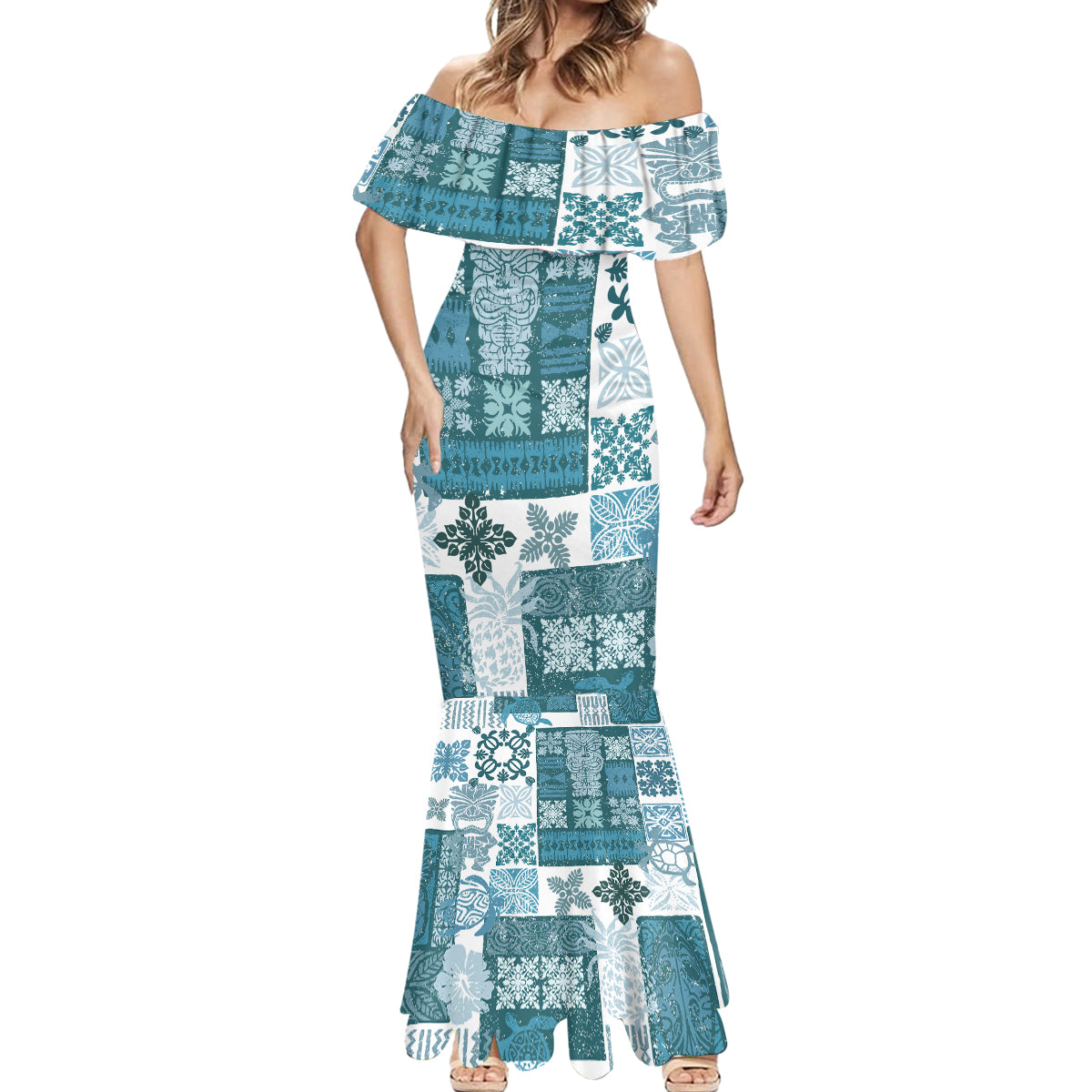 Hawaiian Quilt Mermaid Dress Tiki Tropical Retro Dark Cyan Version - Wonder Print Shop