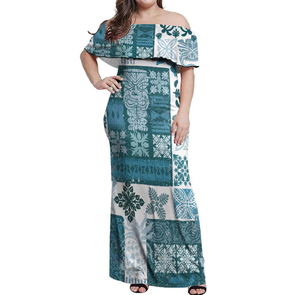 Hawaiian Quilt Off Shoulder Maxi Dress Tiki Tropical Retro Dark Cyan Version - Wonder Print Shop