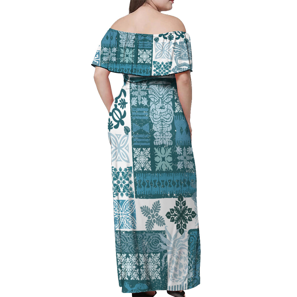 Hawaiian Quilt Off Shoulder Maxi Dress Tiki Tropical Retro Dark Cyan Version - Wonder Print Shop