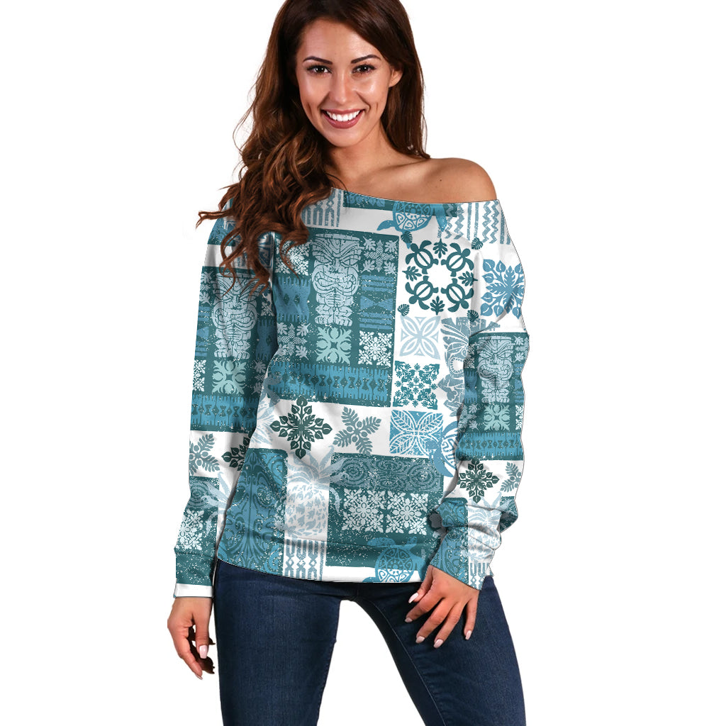 Hawaiian Quilt Off Shoulder Sweater Tiki Tropical Retro Dark Cyan Version - Wonder Print Shop