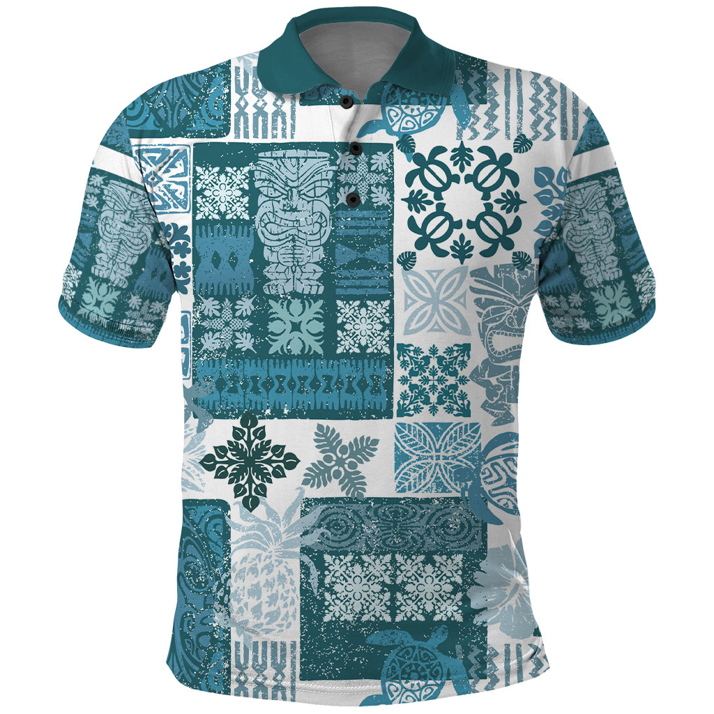 Hawaiian Quilt Polo Shirt Tiki Tropical Retro Dark Cyan Version - Wonder Print Shop