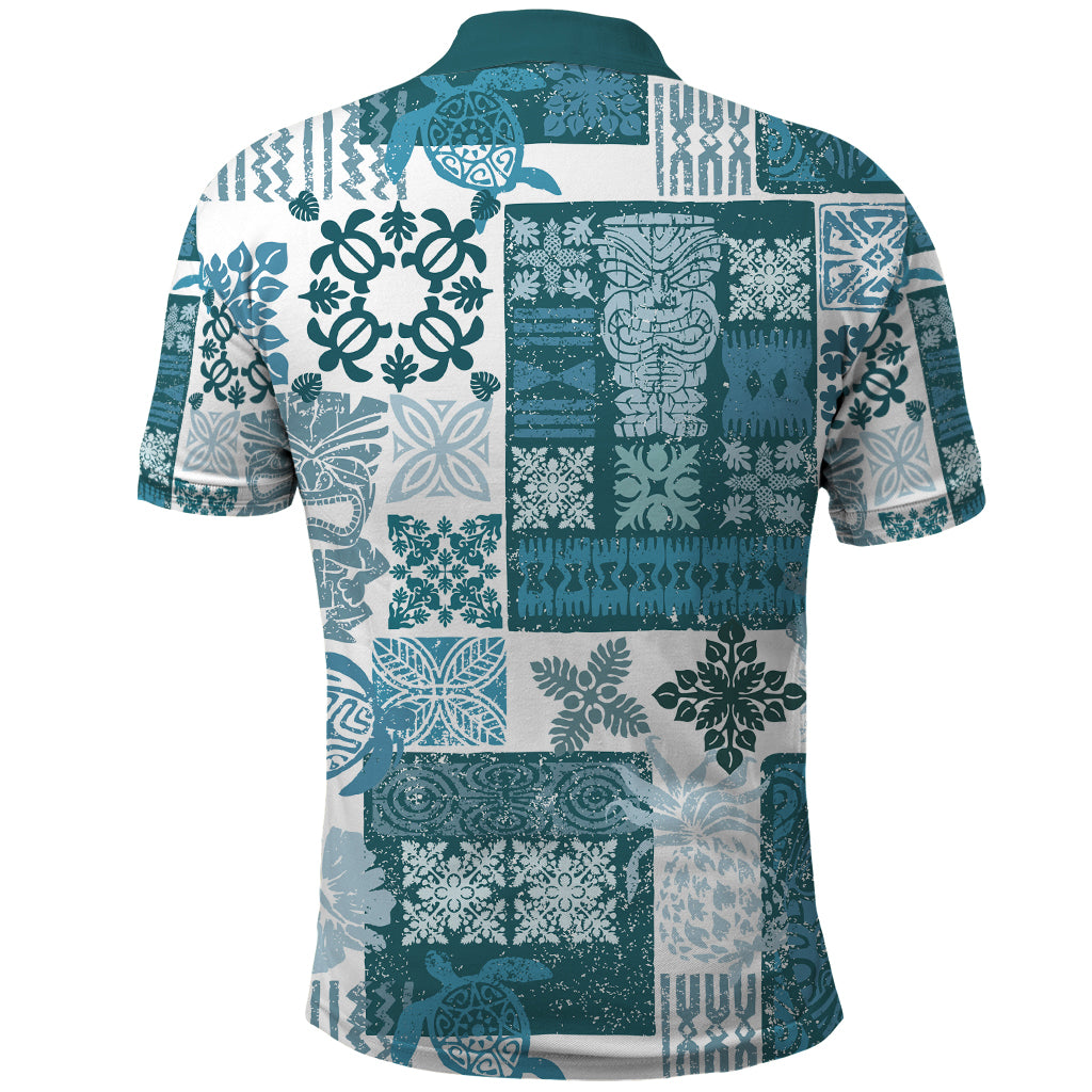 Hawaiian Quilt Polo Shirt Tiki Tropical Retro Dark Cyan Version - Wonder Print Shop