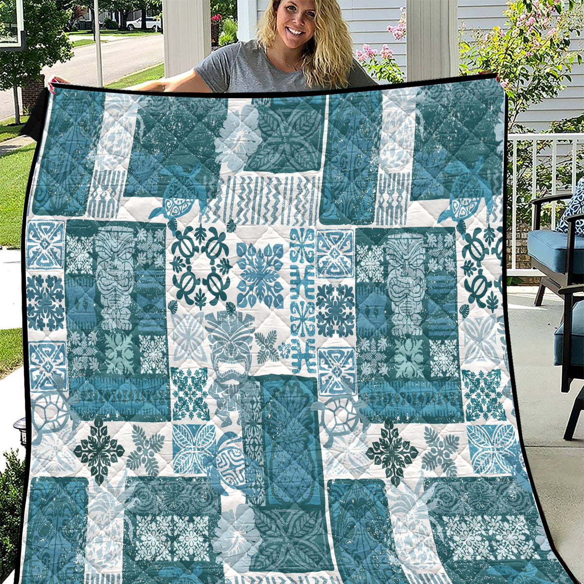 Hawaiian Quilt Quilt Tiki Tropical Retro Dark Cyan Version - Wonder Print Shop