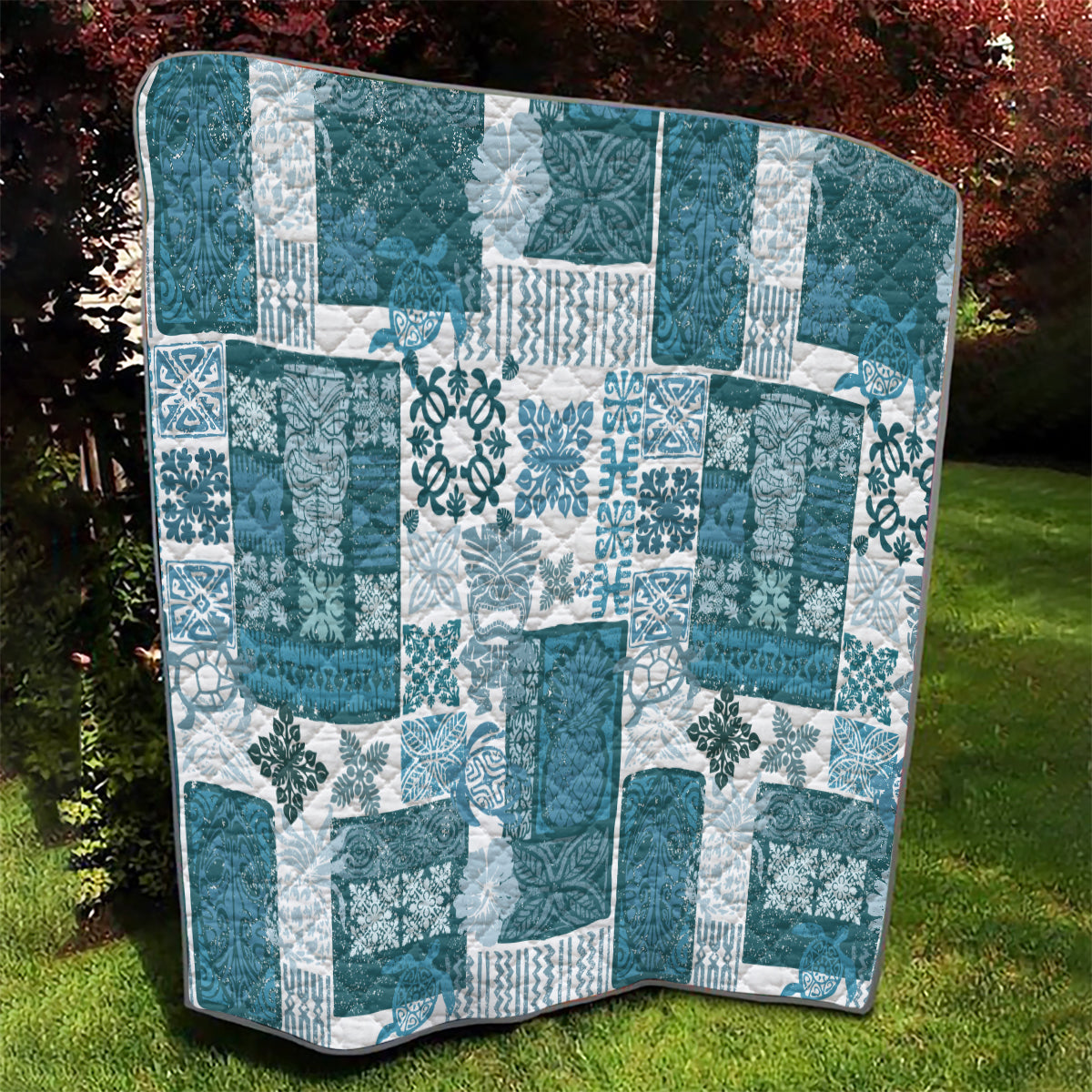 Hawaiian Quilt Quilt Tiki Tropical Retro Dark Cyan Version - Wonder Print Shop