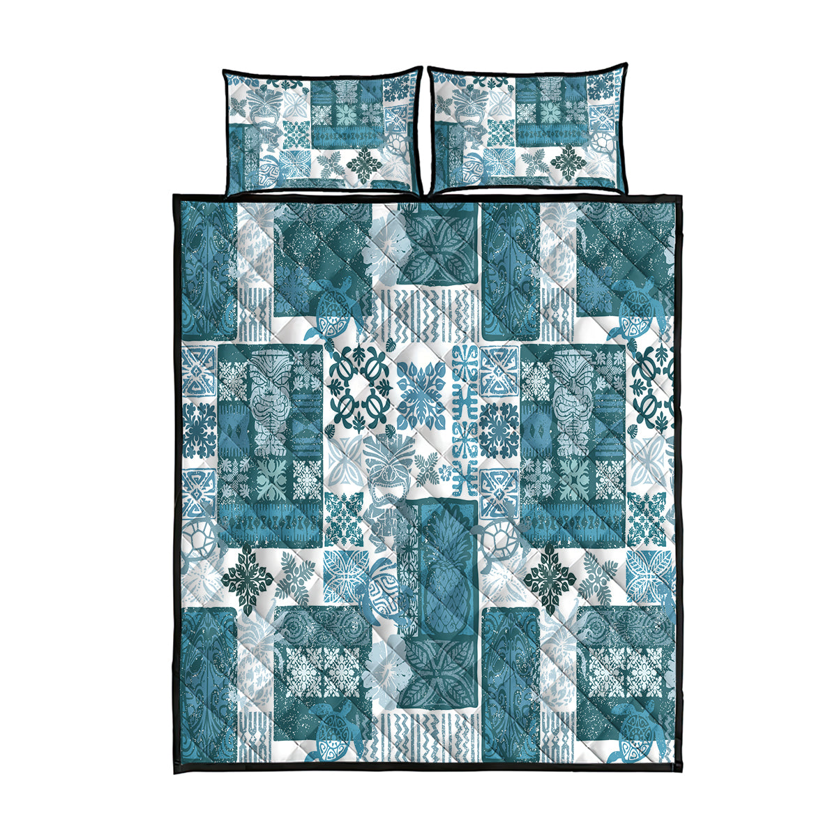 Hawaiian Quilt Quilt Bed Set Tiki Tropical Retro Dark Cyan Version - Wonder Print Shop