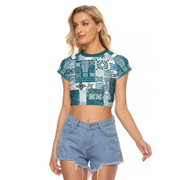 Hawaiian Quilt Raglan Cropped T Shirt Tiki Tropical Retro Dark Cyan Version - Wonder Print Shop