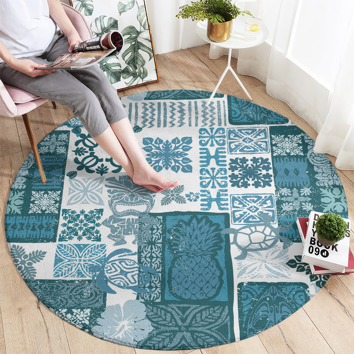 hawaiian-quilt-round-carpet-tiki-tropical-retro-dark-cyan-version