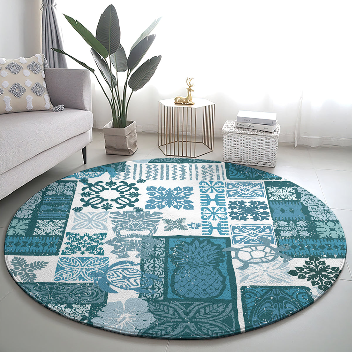 hawaiian-quilt-round-carpet-tiki-tropical-retro-dark-cyan-version
