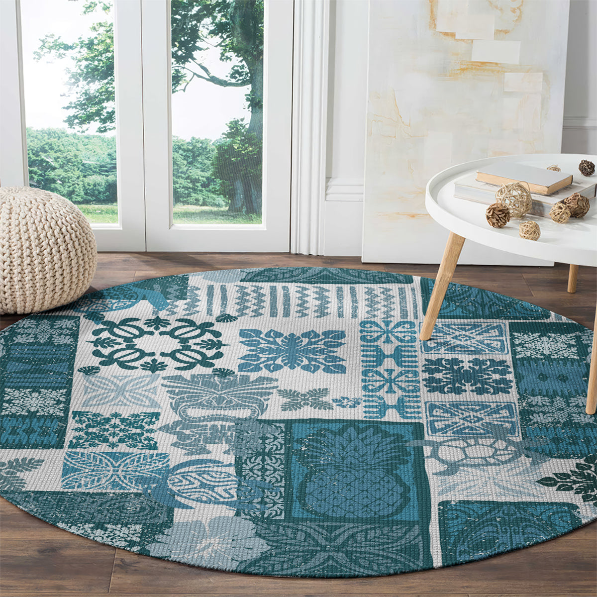 hawaiian-quilt-round-carpet-tiki-tropical-retro-dark-cyan-version