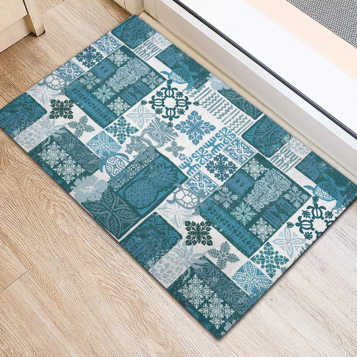 Hawaiian Quilt Rubber Doormat Tiki Tropical Retro Dark Cyan Version - Wonder Print Shop