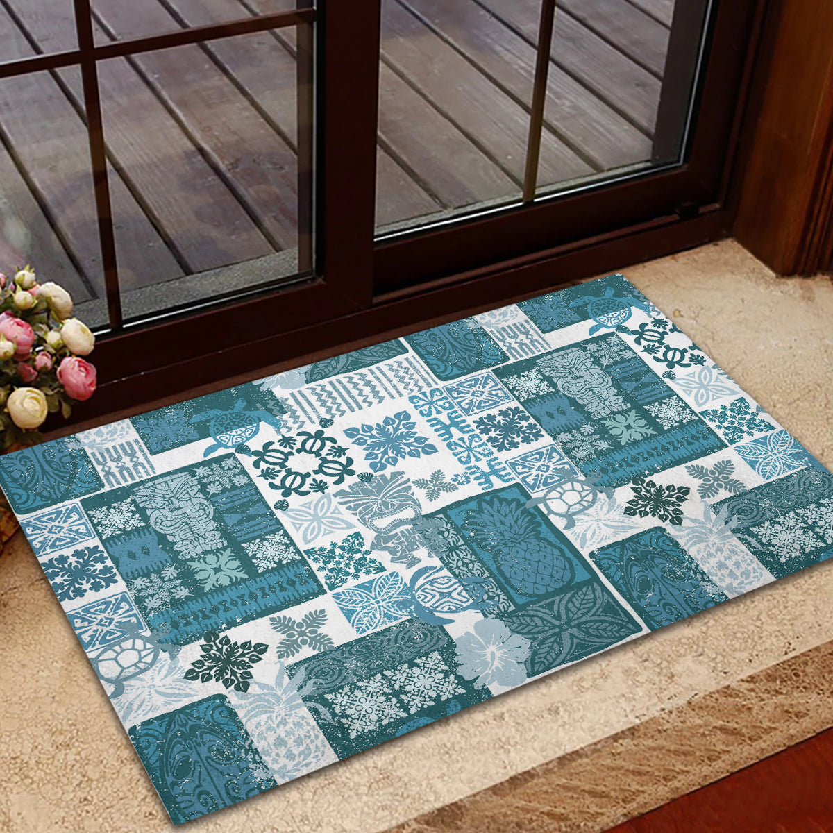 Hawaiian Quilt Rubber Doormat Tiki Tropical Retro Dark Cyan Version - Wonder Print Shop