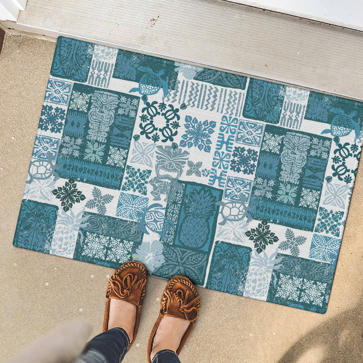 Hawaiian Quilt Rubber Doormat Tiki Tropical Retro Dark Cyan Version - Wonder Print Shop