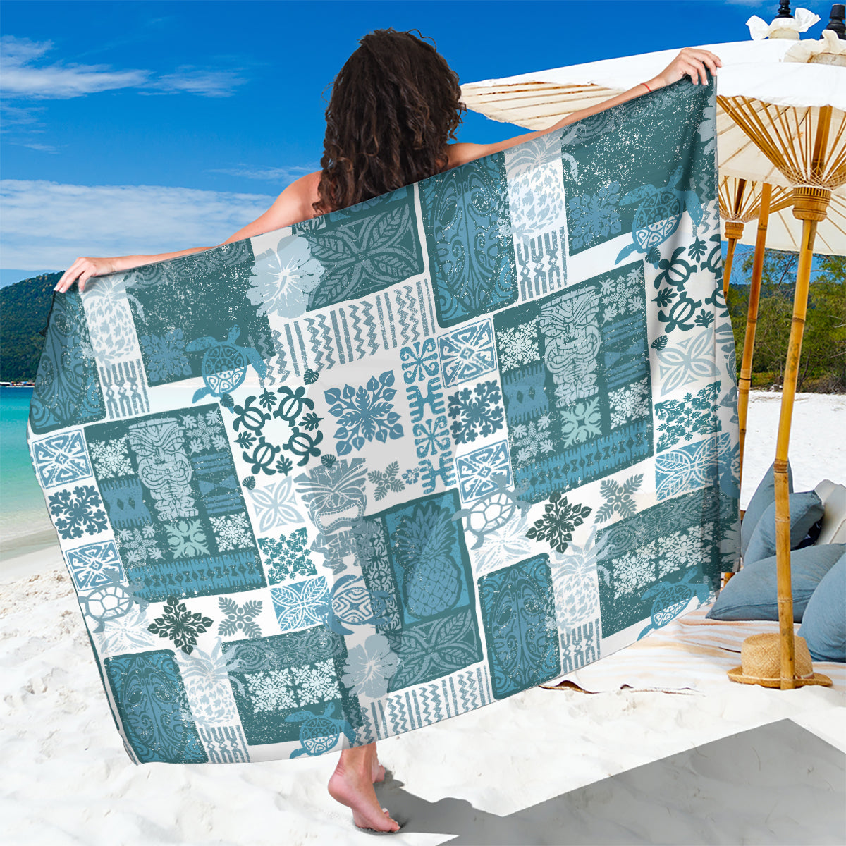 Hawaiian Quilt Sarong Tiki Tropical Retro Dark Cyan Version - Wonder Print Shop