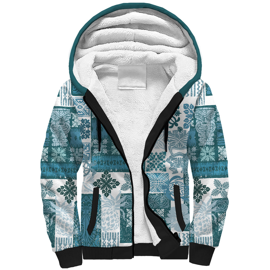Hawaiian Quilt Sherpa Hoodie Tiki Tropical Retro Dark Cyan Version - Wonder Print Shop