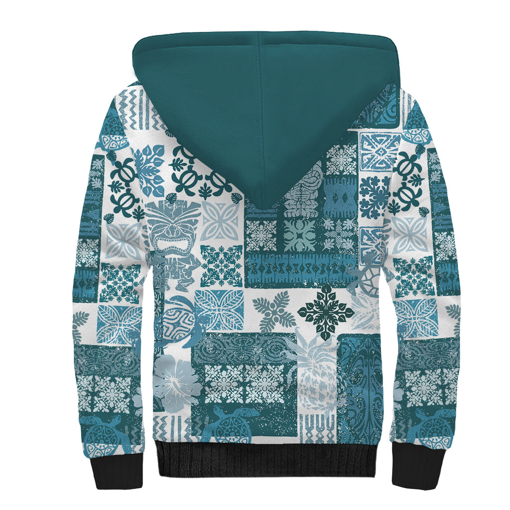 Hawaiian Quilt Sherpa Hoodie Tiki Tropical Retro Dark Cyan Version - Wonder Print Shop