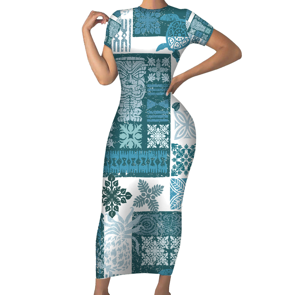 Hawaiian Quilt Short Sleeve Bodycon Dress Tiki Tropical Retro Dark Cyan Version - Wonder Print Shop